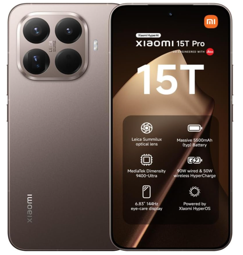XIAOMI 15T Pro, Smartphone 12+512GB, 6.83" 144Hz Eye-Care Display, MediaTek Dimensity 9400+, 50MP Leica 5X Pro Telephoto, 5500mAh, Mocha Brown, Charger Not Included,2-Years Warranty