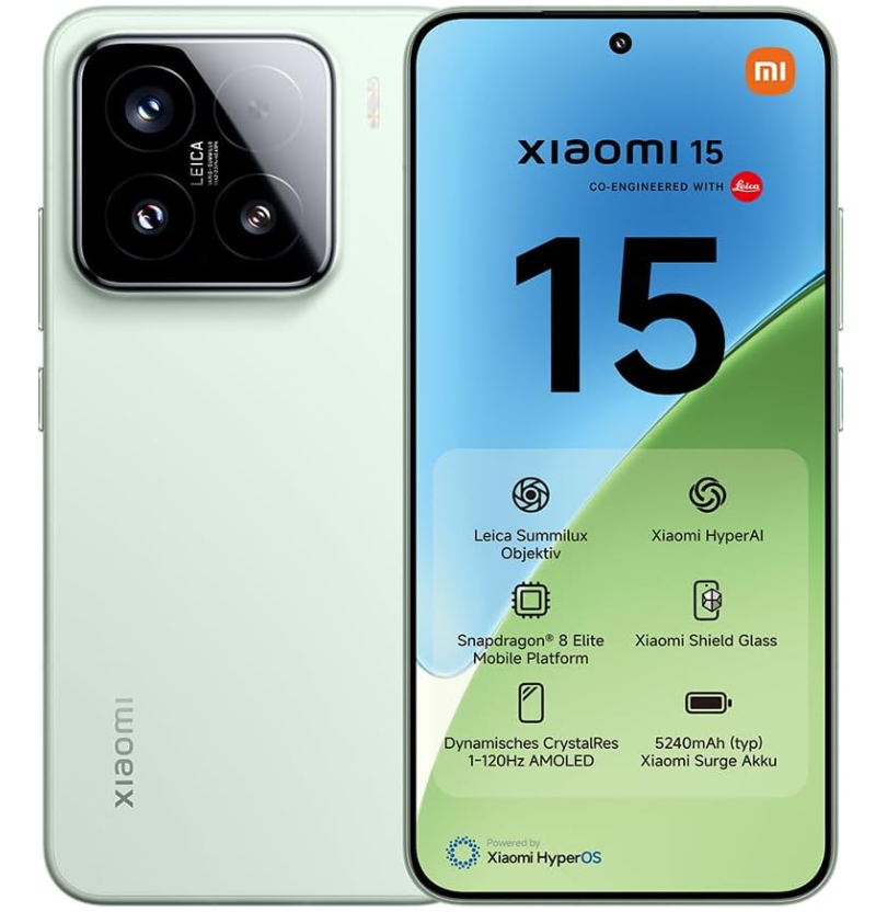 Xiaomi 15 Smartphone, 12+512GB, Green, 50MP Leica Main Camera, 5240mAh Battery, 90W HyperCharge, HyperAI (Charger not Included)