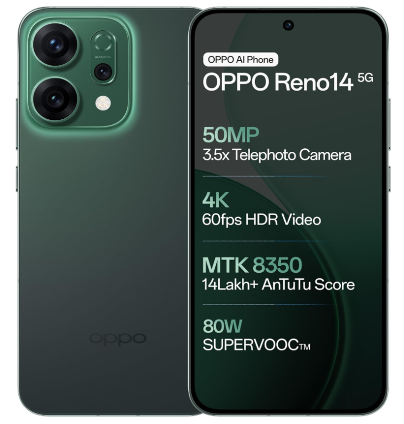 OPPO Reno14 5G (Forest Green, 12GB RAM, 512GB Storage) with No Cost EMI/Additional Exchange Offers